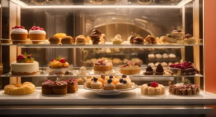 Wall Mural - A display case full of desserts including cakes and pastries The desserts are arranged in a way that makes them look delicious and tempting Scene is one of indulgence and enjoyment 4k