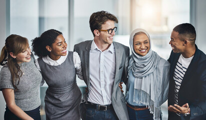 Poster - Support, teamwork and business people embrace with smile, confidence or solidarity at global consultancy. About us, happy men and women in office for professional collaboration, equality or diversity