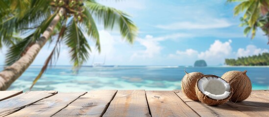 Sticker - Wooden table top displaying a product against a blurry seascape and blue sky backdrop featuring coconut trees.