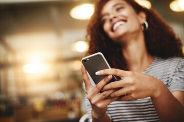 Poster - Happy, smartphone and hands of woman in restaurant for social media, text and funny meme on internet. Female person, tech and thinking in coffee shop for communication, networking and status update