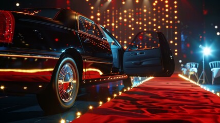 Luxury limousine arriving on red carpet at glamorous event with sparkling lights and VIP treatment