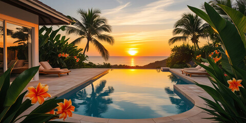 Canvas Print - a relaxing pool at the sunset of a tropical summer. sunset, dusk, summer, vacations, relaxing