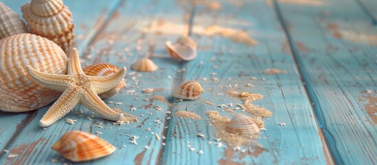 Wall Mural - Sand and shells on the blue, wooden floor in a summer-themed setting