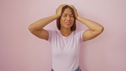 Poster - Stressed african american woman suffering from intense headache and migraine pain, hands clutching her head in agony, standing isolated over vibrant pink background.