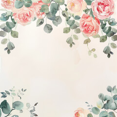 Wall Mural - Pink Watercolor Roses and leaves on a cream colored background.