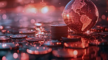 Poster - This glass globe with the earth inside sits on a pile of red coins.