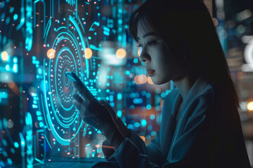 Poster - Woman Interacting With Digital Interface at Night