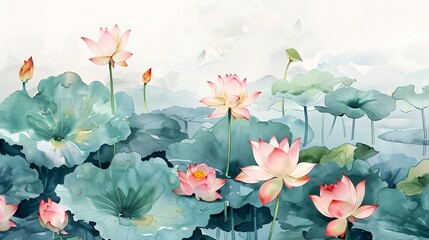 Beautiful watercolor painting of lotus flowers and leaves in a pond, in an influential and harmonious style of colors. A symbol of fertility.
