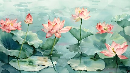 Beautiful watercolor painting of lotus flowers and leaves in a pond, in an influential and harmonious style of colors. A symbol of fertility.
