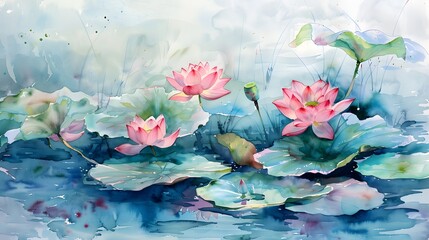 Beautiful watercolor painting of lotus flowers and leaves in a pond, in an influential and harmonious style of colors. A symbol of fertility.
