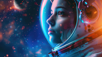 Woman astronaut portrait against stars in outer space, girl in futuristic helmet looks at fantasy world. Theme of young people, face, future, scifi movie background