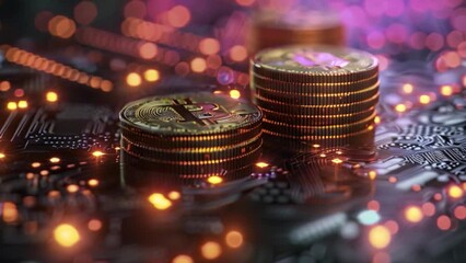 Aufkleber - This Close-up of Bitcoin coins on a circuit board with glowing lights.