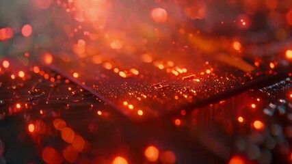 Fototapete - This Red glowing circuit board with out of focus bokeh lights.