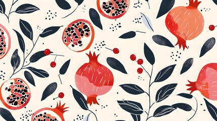 Wall Mural - Pomegranate seamless pattern, fresh fruits background, summer wallpaper