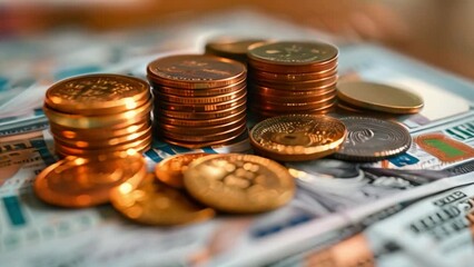 Leinwandbilder - This Close up of stacked coins on dollar bills. Funding concept