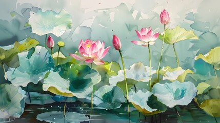 Beautiful watercolor painting of lotus flowers and leaves in a pond, in an influential and harmonious style of colors. A symbol of fertility.
