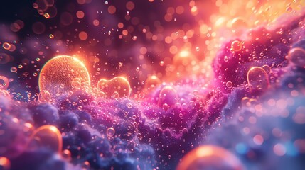 Poster - abstract vibrant background with colorful bokeh lights, bubbles, and vivid textures, creating a drea