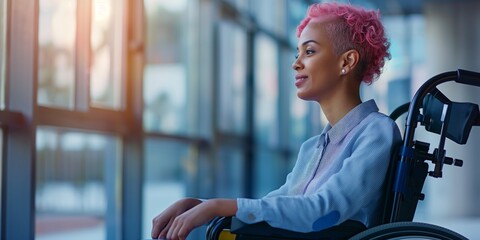 Happy smiling disabled office LGBTQ+ queer female sitting on wheelchair next to office window looking outside, pink lesbian afro hair, bright diverse positive workplace, candid afro american