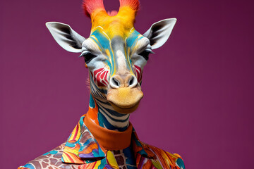 Wall Mural - A giraffe with colorful paint on its face and neck is wearing a suit