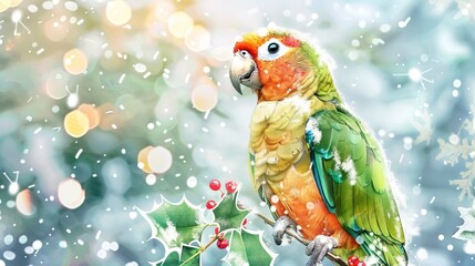 Wall Mural - Colorful parrot perched on a snow-covered branch with Christmas lights. Concept of winter, holiday season, bird, nature