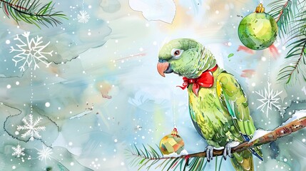 Wall Mural - Colorful parrot on a decorated Christmas tree branch in a winter wonderland. Concept of holiday season, festive bird, celebration, snowy nature