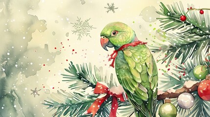 Wall Mural - Colorful parrot on a decorated Christmas tree branch in a winter wonderland. Concept of holiday season, festive bird, celebration, snowy nature