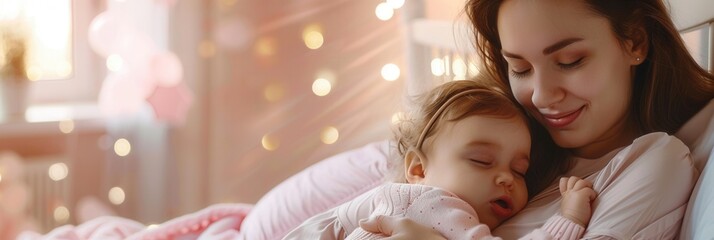 Poster - A mother tenderly cradles her sleeping baby in a soft embrace, creating a peaceful and serene atmosphere. Generative AI