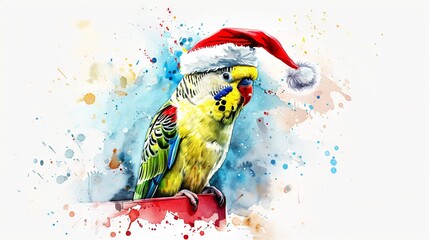 Wall Mural - Watercolor art of a parakeet wearing a Santa hat on a white background. Concept of Christmas bird, festive decoration, holiday spirit, avian illustration