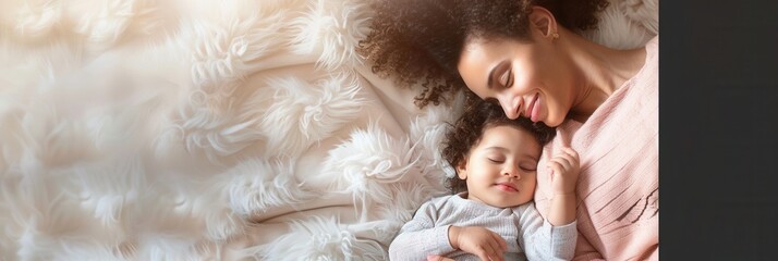 Poster - A mother lovingly cradles her sleeping child in a soft, white bed. The warm, natural light creates a serene and peaceful atmosphere. Generative AI