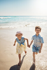 Poster - Beach, playing and portrait of children holding hands on holiday, vacation and tropical adventure. Happy family, summer and young boy and girl by ocean for bonding, running in waves and fun outdoors