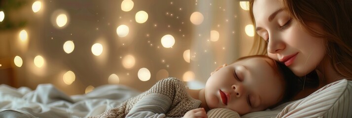 Poster - A loving mother gently puts her baby to sleep in a cozy bed, illuminated by warm string lights creating a serene and peaceful atmosphere. Generative AI