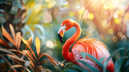 Bright pink flamingo in lush green jungle. Concept of colorful bird, tropical wildlife, exotic nature, vibrant fauna