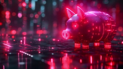 Poster - This glowing red piggy bank on a circuit board. Funding concept