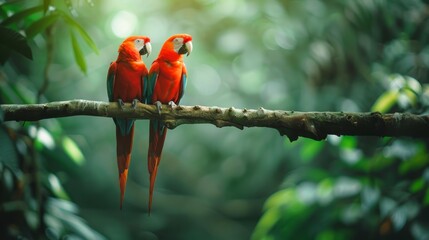 Wall Mural - Two colorful macaws perched on a branch with tropical foliage in the background. Concept of exotic birds, wildlife, nature, tropical environment