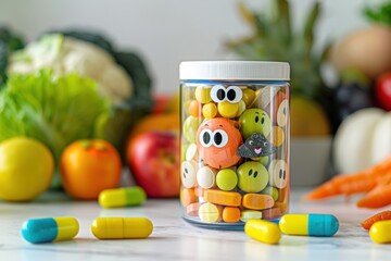 Fruity kid's essentials, children's natural vitamins pills tablets with fruit and vegetable ingredients - providing essential nutrients in tasty pill form, enriched natural extracts optimal health.