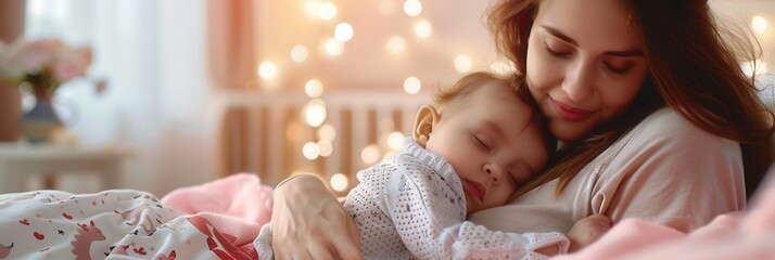 Poster - A mother cradles her sleeping baby in a cozy, light-filled room. The image evokes a sense of peace and tranquility, perfect for showcasing the comfort of your products. Generative AI