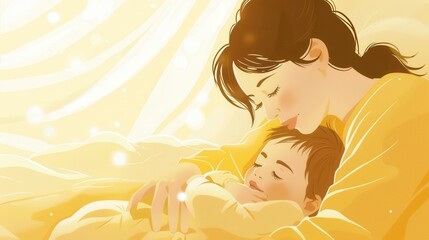 Poster - A mother rocks her sleeping baby in bed, lit by golden light at sunrise or sunset. Serene and calming scene ideal for baby and parent products. Generative AI