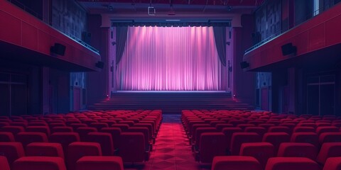 Empty blank cinema hall with red seats, luxury theater hall background, for movie, theatre, stage display, show, red banner.