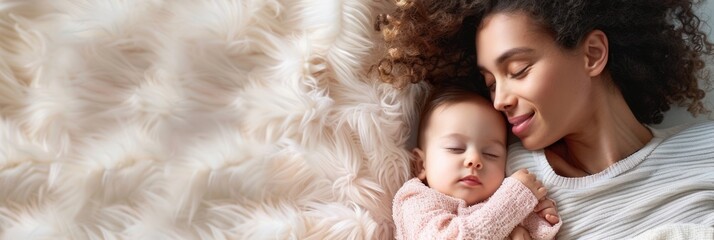 Poster - A peaceful scene of a mother beside her sleeping baby, wrapped in cozy bedding. Ideal for promoting products that support restful sleep for babies. Generative AI