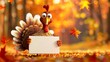 © QLab - 3d cute cartoon happy turkey character holding blank empty sign board for text on orange shiny autumn forest with falling leaves background, Thanksgiving fall season festive web banner.