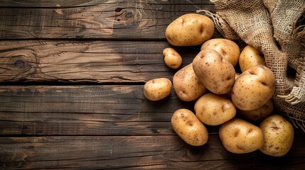 Close up of potatoes on wooden background.