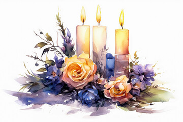 Wall Mural - Two candles are lit on a table with flowers in between.