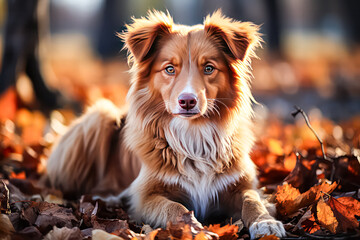A small dog is sitting on a pile of leaves.
