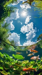 Wall Mural - underwater view of colorful koi fish swimming among lily pads