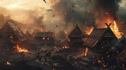 Wall Mural - The viking attack, destruction of a mediaval village of wooden huts, generative ai