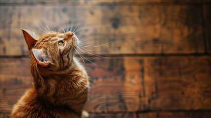 Wall Mural - Ginger cat on wooden floor looking up top view blurred background space for text