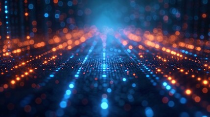 Poster - Abstract Blue And Orange Light Lines Converging Toward Bright Glow In Dark Background