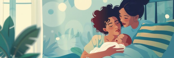Poster - A loving mother cradles her sleeping baby in a serene bedroom, creating a calming and peaceful atmosphere. Generative AI