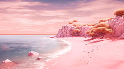 Wall Mural - A beach with pink water under a clear blue sky