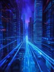 Poster - Futuristic Cityscape With Blue Lights And Glowing Buildings